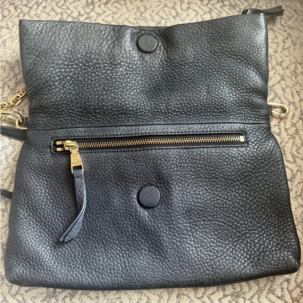 Tory Burch Fold Over Black Leather Crossbody